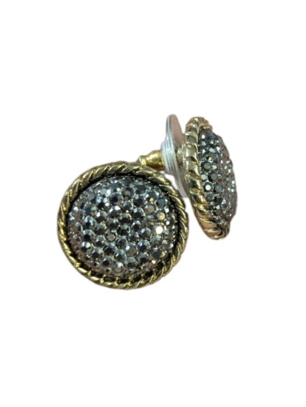 Round Pavé Crystal Stud Earrings - Gold Tone with Blue Crystals